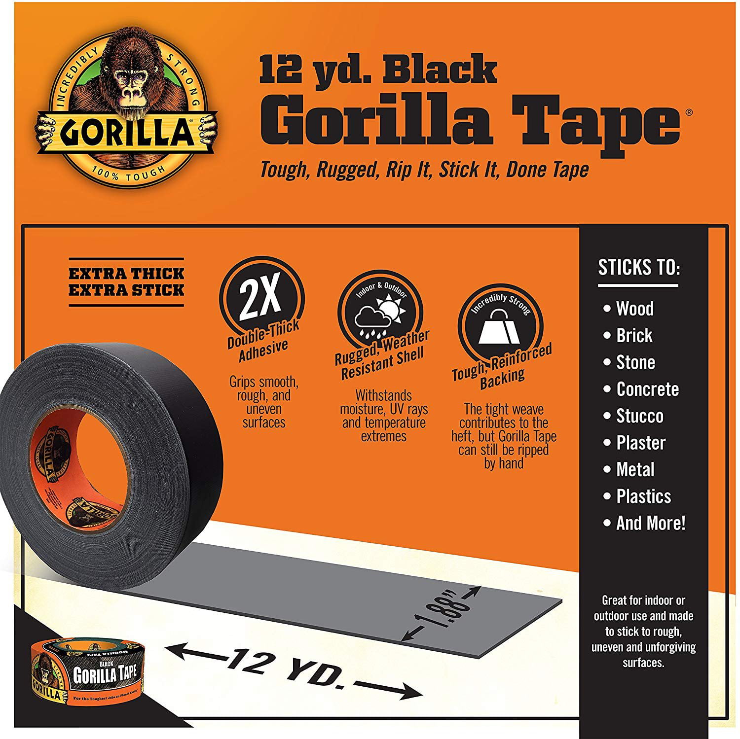 1.88 in x 12 yds. Gorilla Standard Duct Tape Black 