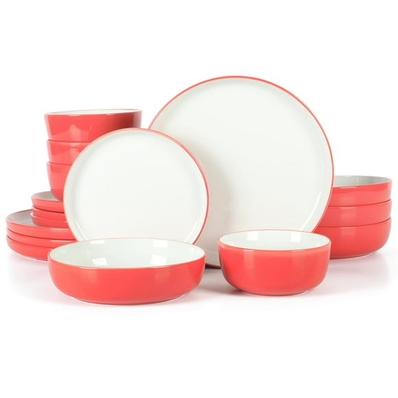 Sur La Table Kitchen Essentials 16 Piece Two-Tone Porcelain Chip and Scratch Resistant Dinnerware Plates and Bowls Set - Red/White