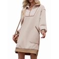 thumbnail image 2 of Women'S Oversized Sweatshirt Dress Half Zip V Neck Long Sleeve Contrast Fall Casual Mini Dresses Khaki M, 2 of 8