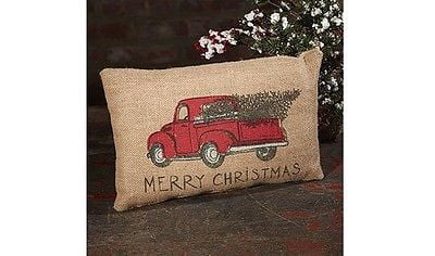MERRY CHRISTMAS Red Pickup Truck Burlap Pillow 12" x 8" Country House