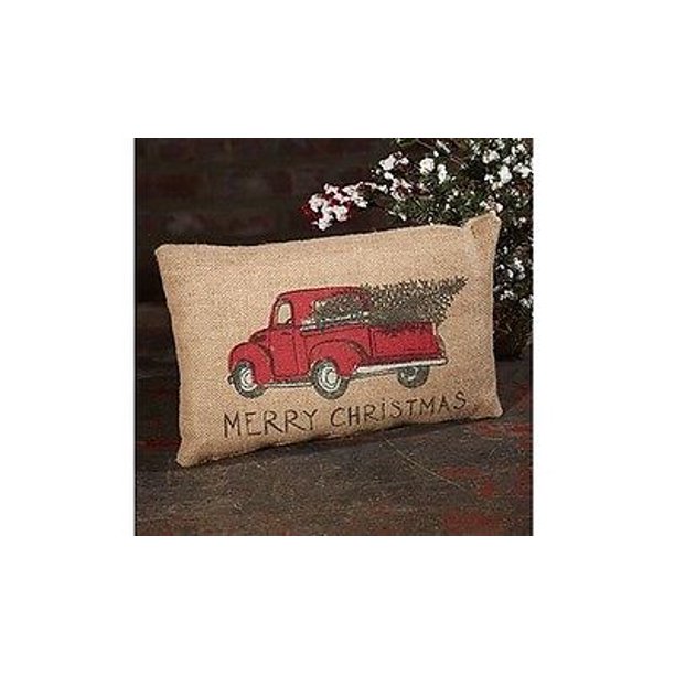 MERRY CHRISTMAS Red Pickup Truck Burlap Pillow, 12" x 8", Country House