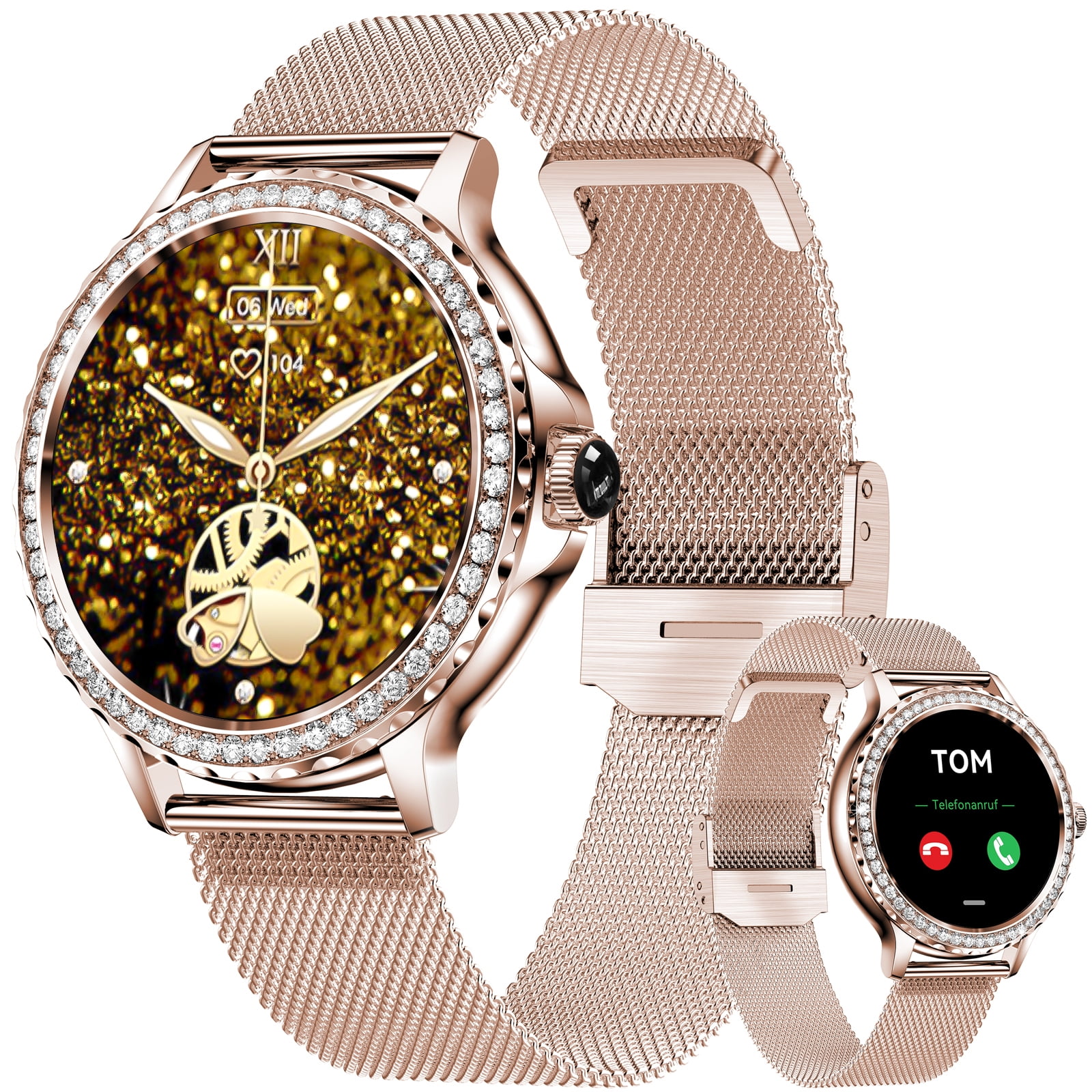 AMOLEDMingdaln 42mm Smart Watch for Women, fits for Android and Iphone Devices,with IP68 Waterproof/150+ Sport Modesperfect gift2 strapsGold