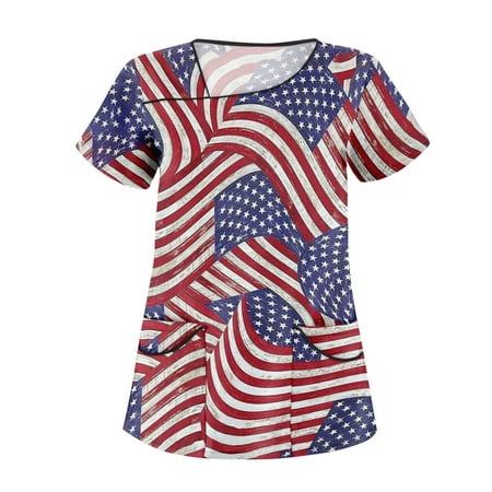 

QAZXD Womens Summer Independence Day Scrub Tops V-Neck Short Sleeve Graphic Prints Shirts Blouse Red 3XL