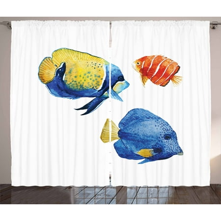 Fish Curtains 2 Panels Set, Tropical Aquarium Life Discus Fish and Goldfish in Different Patterns, Window Drapes for Living Room Bedroom, 108W X 96L Inches, Azure Blue Yellow Scarlet, by