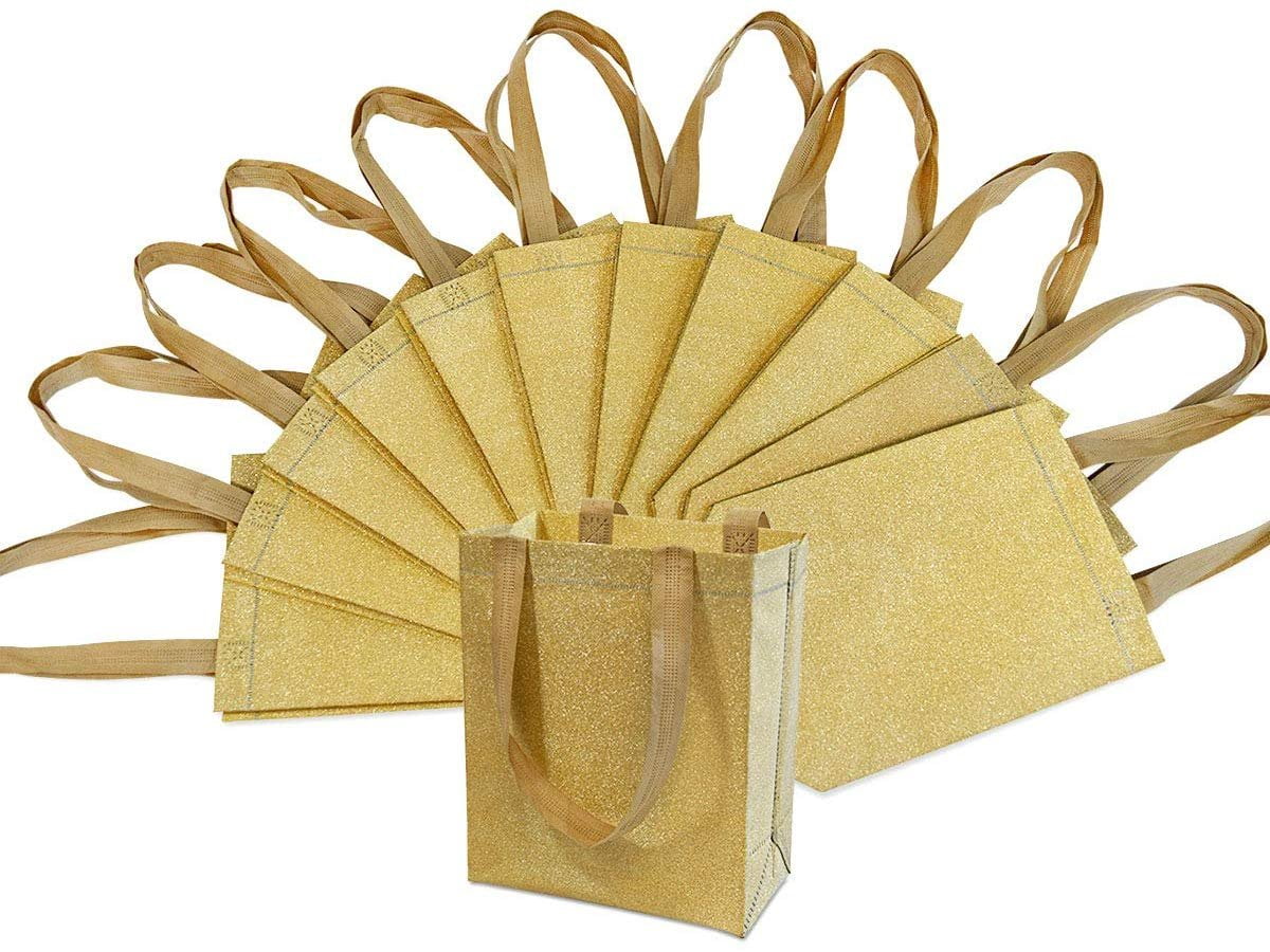 6x3x8" 12 Pcs. Small Metallic Gold Reusable Reusable Glitter Gift Bags with Handles, Birthday