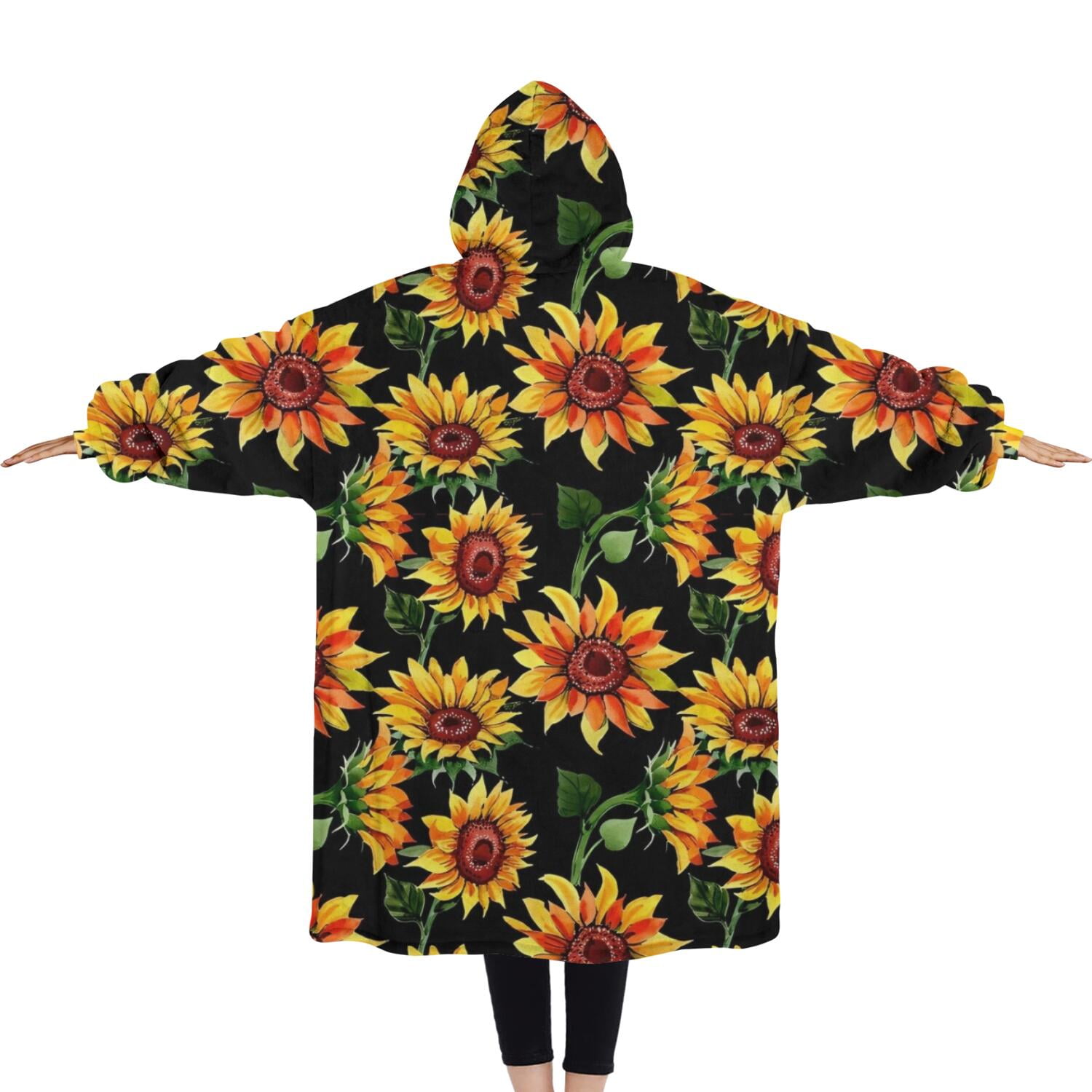 Oversized Wearable Blanket Hoodie,Black Orange Sunflower Pattern Sherpa Blanket Hoodie with Super Pockets,Super Warm Fuzzy Pullover for Women & Men