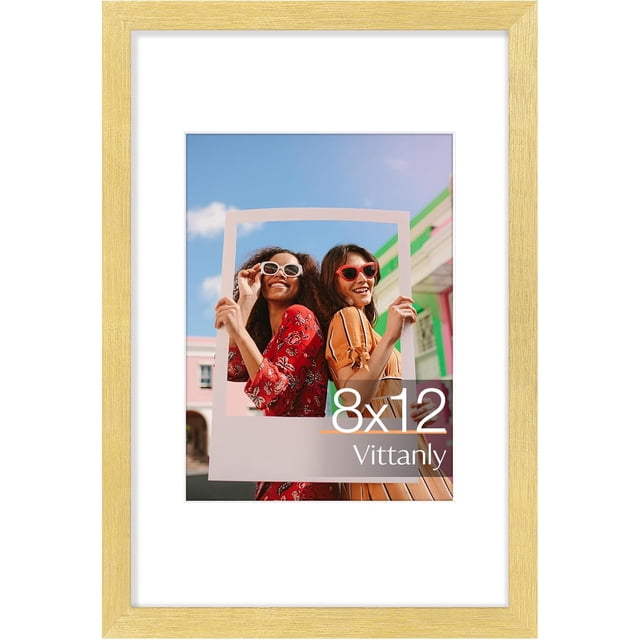 Vittanly 8x12 Picture Frame, Premium Material with Shatter Resistant Plexiglass, Display Pictures 6x8 with Mat or 8x12 without Mat, Photo Frame for Wall or Table Top Display, Gold, 1 Pack