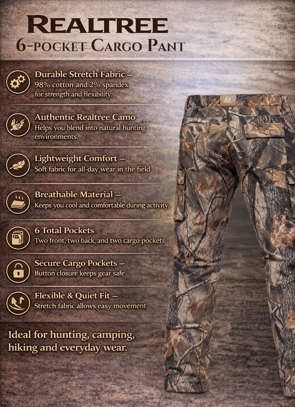 Realtree Men’s 6-Pocket Cargo Camo Hunting Pants , Regular Fit, Straight Leg, Camo Pants for Outdoor, Hiking Wear | S-4X