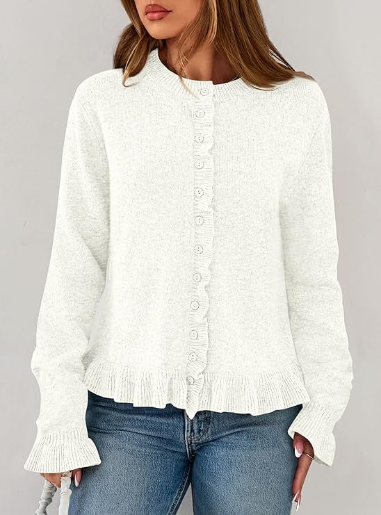 Womens Fall Button Down Cardigans Chunky Knit Ruffle Open Front Cropped Cardigan Sweaters Soft Long Sleeve Tops - image 2