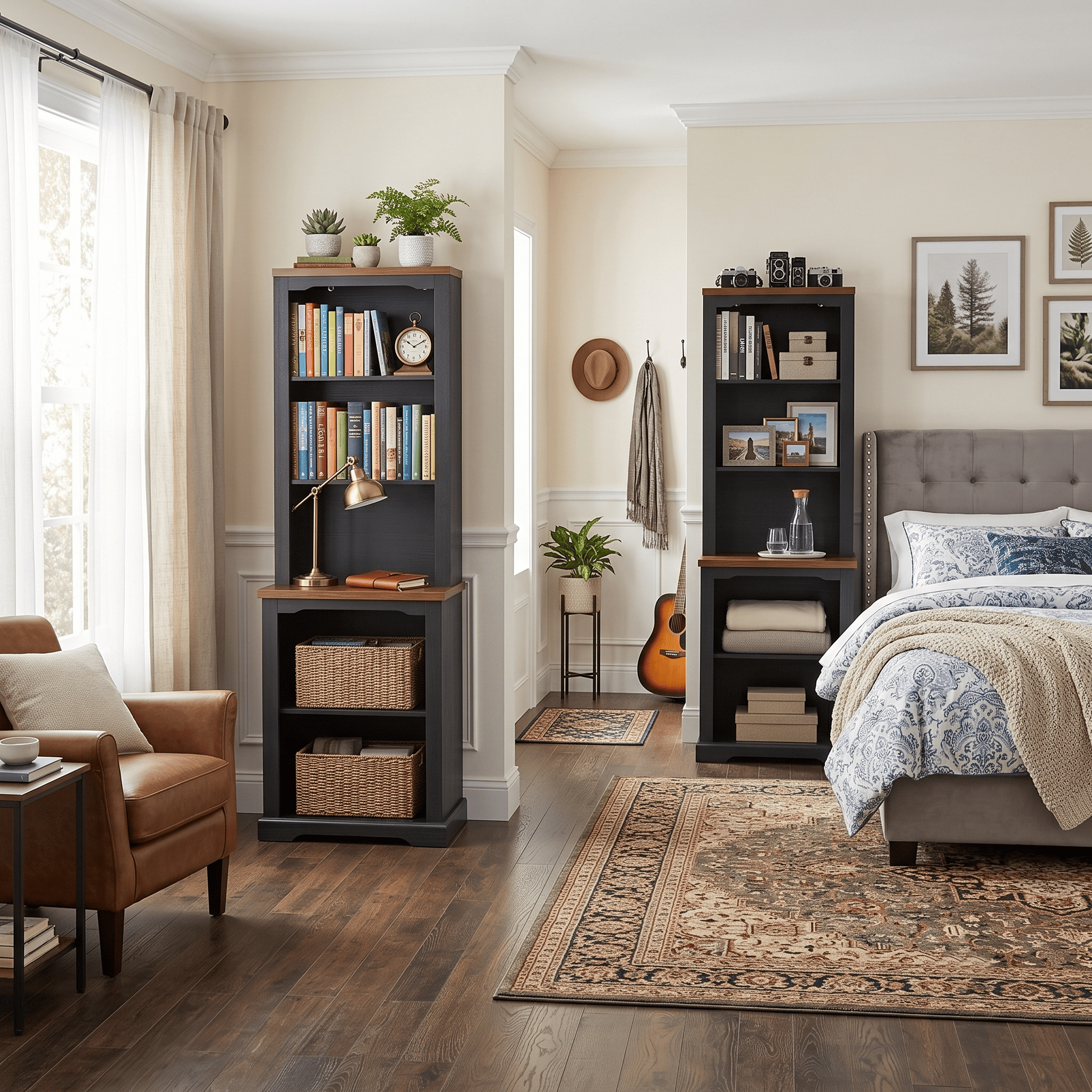 Homy Casa 66 Inch 2 Piece Storage Cabinet Set with Open Shelves and Walnut Top for Living Room Black