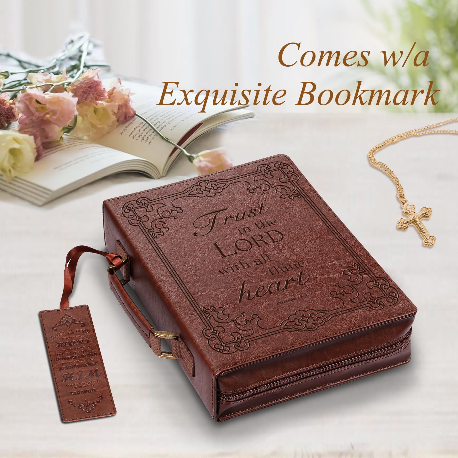 Classic Bible Cover, FINPAC Large PU Leather Carrying Book Case Church Bag Bible Protective with Handle, Perfect Gift for Women, Lady, Mother, Friends [Trust in The Lord], Brown