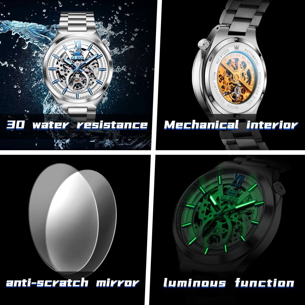 OLEVS Skeleton Watches for Men Luxury Dress Automatic Self Winding Mechanical Gold Plated Stainless Steel Waterproof Luminous Business Men Wrist Watch Reloj Para Hombre