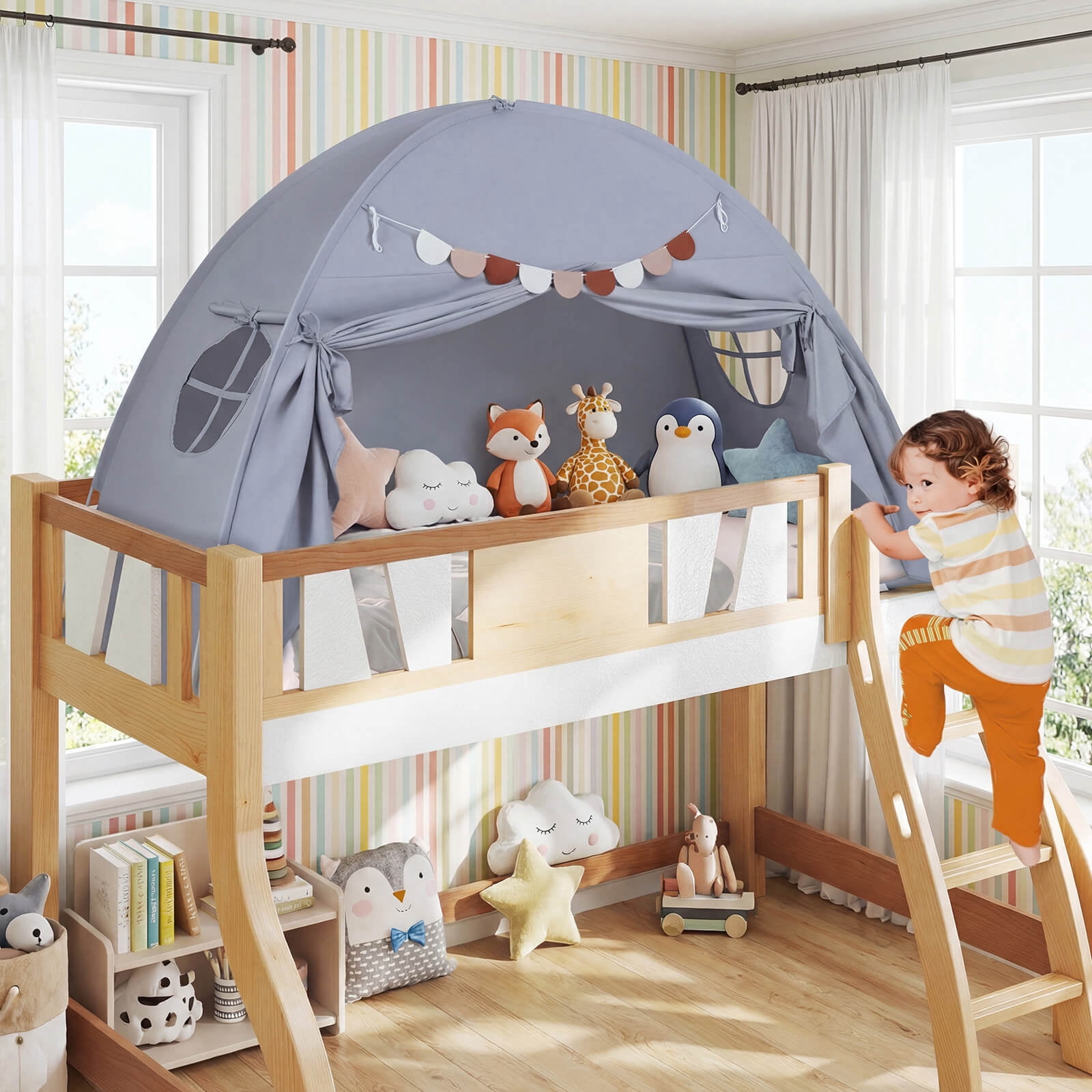 Infans Twin Full Size Bed Tent w/2 Windows, Flags for Boys & Girls Aged 3+ Years Old