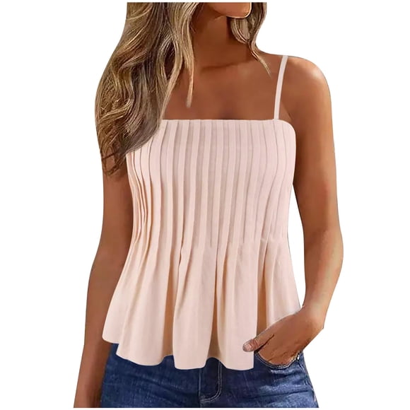 Dealovy Womens Tank Tops Sleeveless Square Neck Ruffle Tunic Shirts Spaghetti Strap Pleated Cute Tees