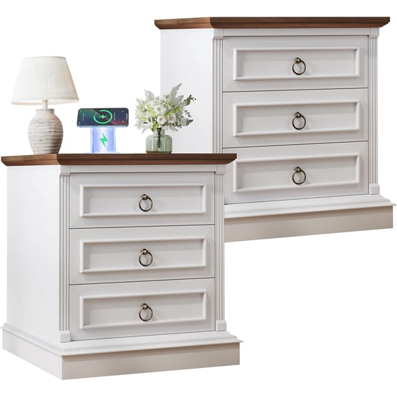 Farmhouse Nightstand Set of 2, White Nightstand with Wireless Charging Station for Bedroom