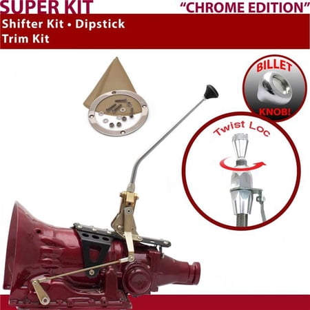 American Shifter 727 Shifter Kit Chrome 12 in. Trim Kit Dipstick Push Button Tan Boot Billet Knob for F012C