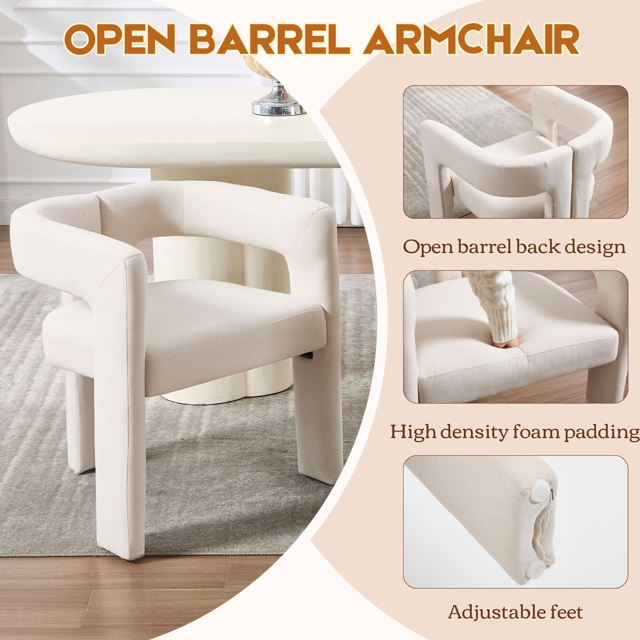 Guyou Modern Boucle Dining Chair Set of 2, Linen Upholstered Barrel Chair, Comfy Armchair with Open Backrest, Vanity Side Chair Accent Chair for Living Room Bedroom Dining Room, Beige