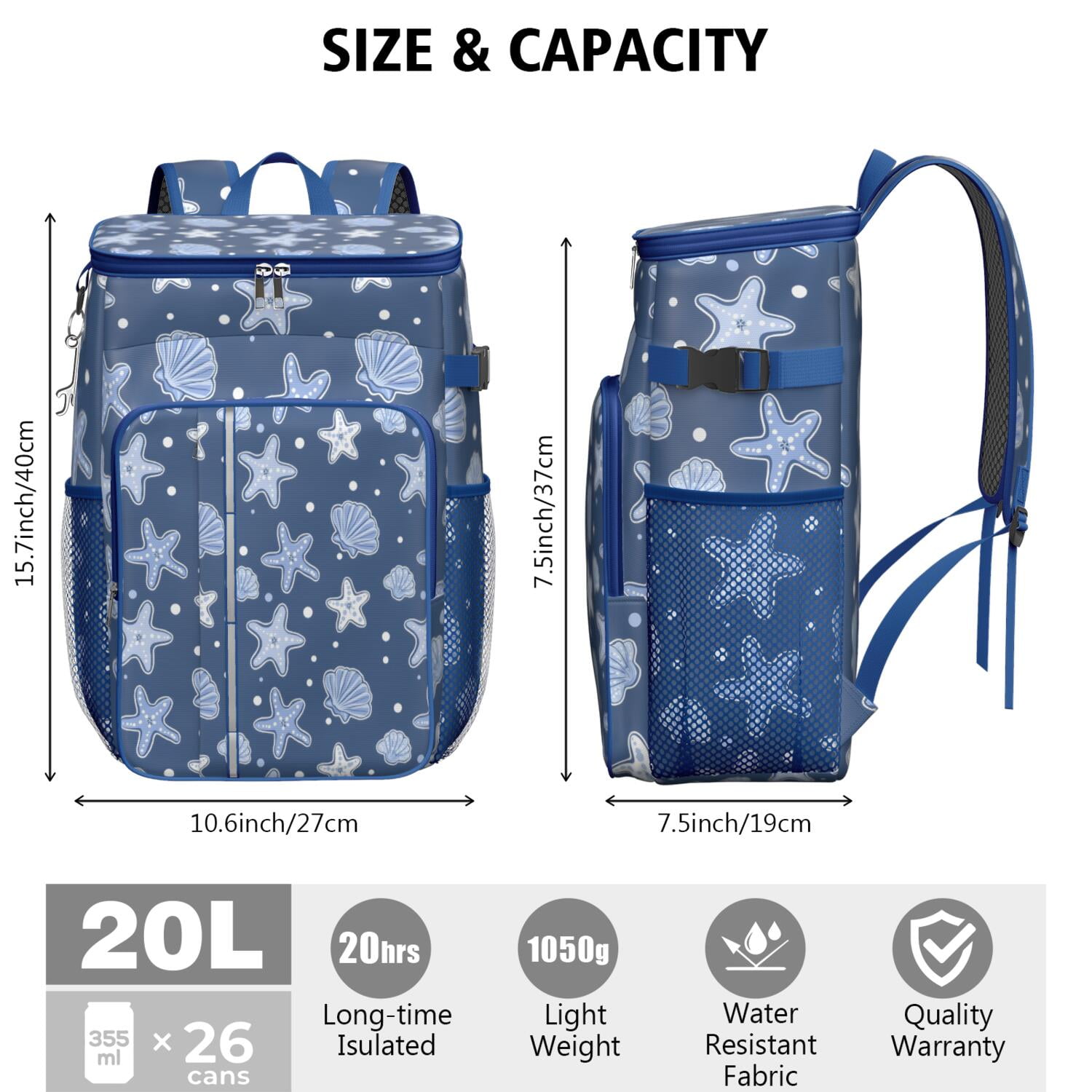 Starfish Cooler Backpack Insulated Waterproof Leak Proof Beach Cooler Bag Lightweight Lunch Picnic Camping Backpack Cooler for Office Workers Outdoor Enthusiasts