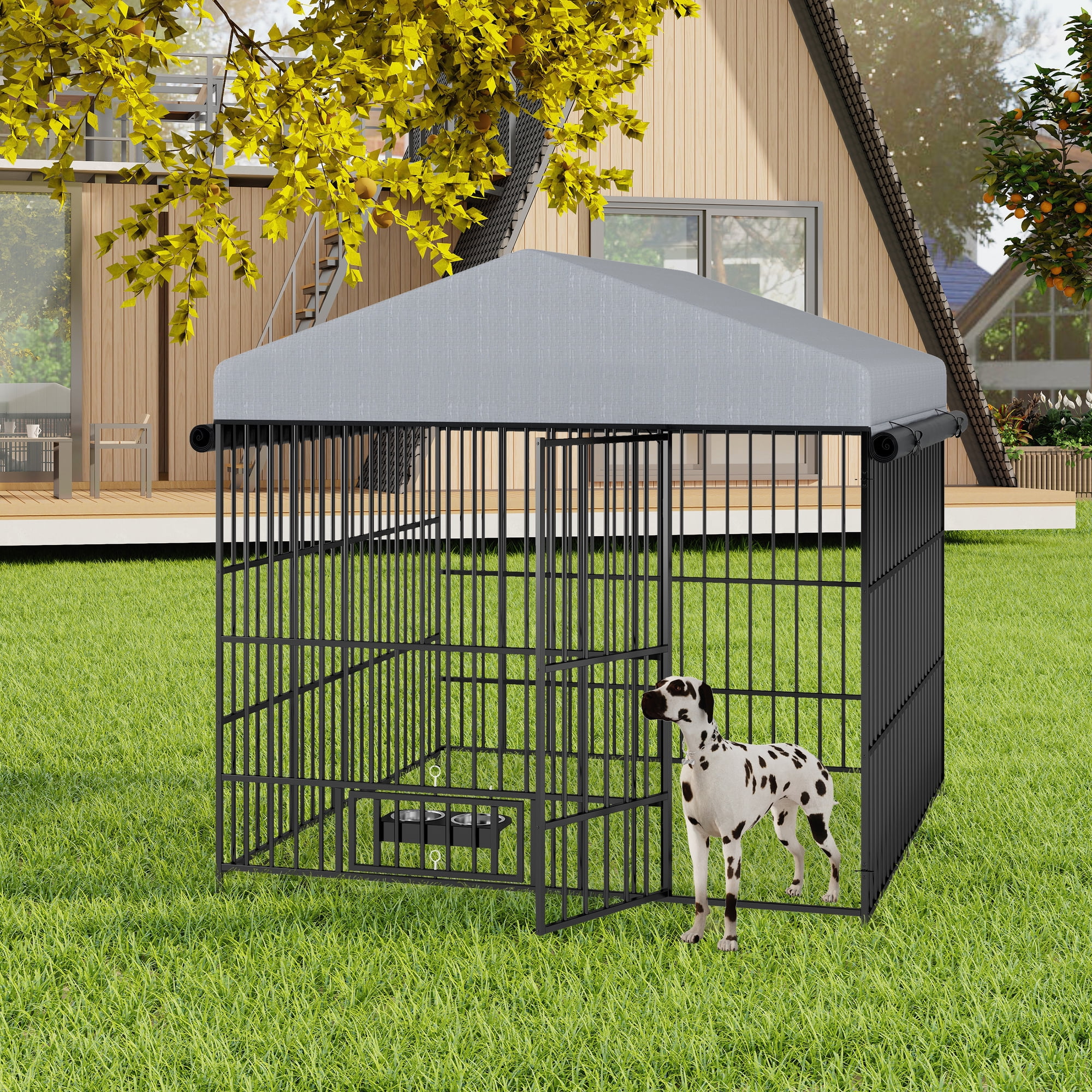 QNACPY Heavy-duty Large Dog Kennel, Outdoor Pet Pens Run Enclosure Animal Hutch Metal Coop Fence with Roof Cover for Small/Medium/Large Dogs(6.6'L x 6.6'W x 6.4'H)