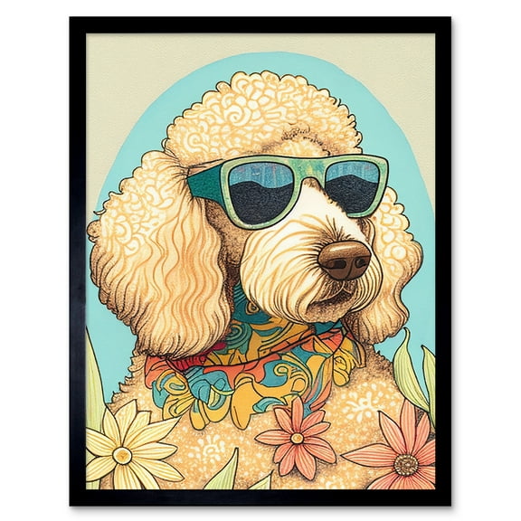 Poodle Dog with Sunglasses and Bandana in Daisies Modern Multicoloured Illustration Art Print Framed Poster Wall Decor 12x16 inch