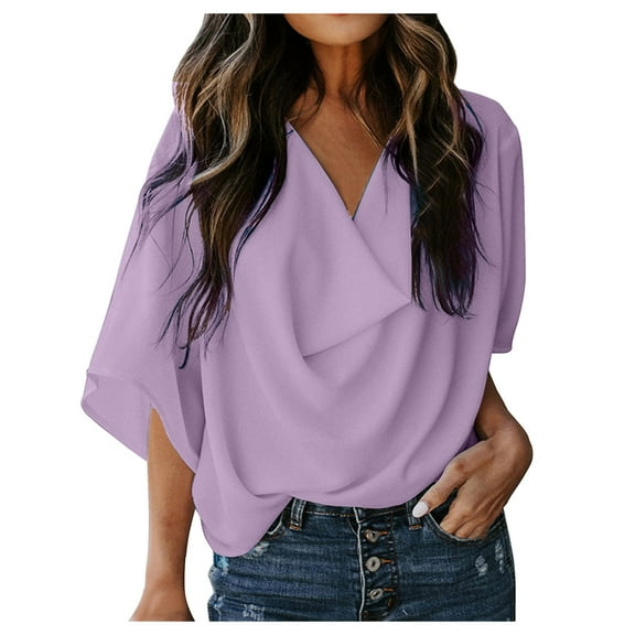 Women's Blouse Summer Tops Loose Draped V Neck 3/4 Bell Sleeve T-Shirt Casual Chiffon Blouse Lightweight Tunic Shirts