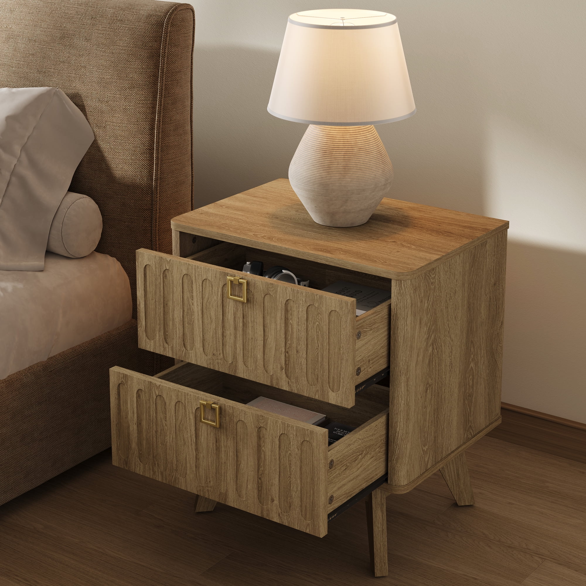 SICOTAS 21.02" Wide 2-Drawer Nightstands Set of 2,Nordic Modern Bedside Table with Large Drawers & Elegant Gold Square Handle for Bedroom, Living Room, Entryway -Brown Oak