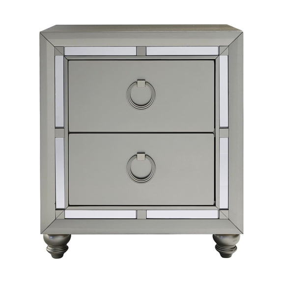 Silver Champagne Tone Nightstand with 2 Drawer  Mirror Trim Accent