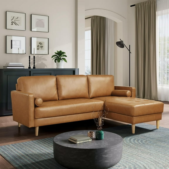 Lifestyle Solutions Jareth Sofa Chaise Sectional in Caramel Vegan Faux Leather