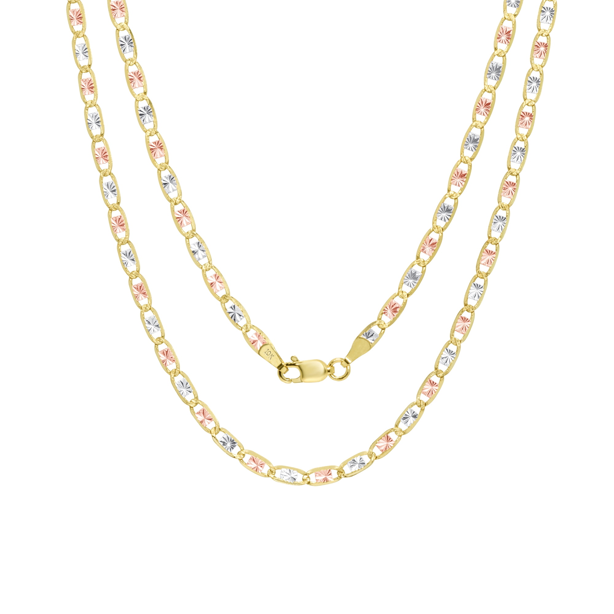 10K Yellow Gold Tri-Color Valentino Chain Necklace 3mm 16"-24" 