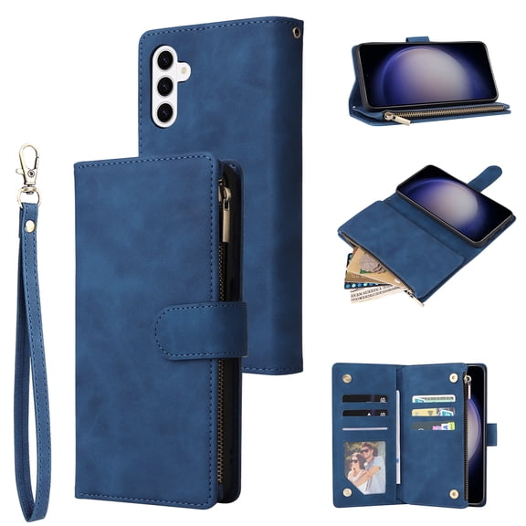 Dteck Zipper Wallet Case for Samsung Galaxy A37 5G, Premium PU Leather TPU Card Holder Slots Pocket Case Magnetic Closure Shockproof Kickstand Cover with Wrist Strap,Blue