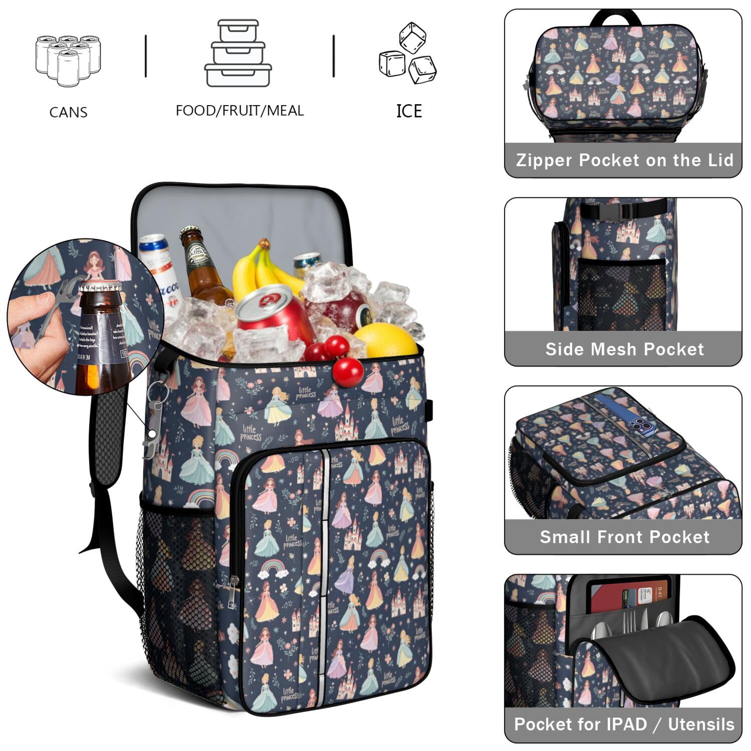 Travel Cooler Bag - Dark Blue Little Princess Pattern Camping Beer Cooler Backpack with Bottle Opener- Waterproof Insulated Picnic Backpacks - Cooler Bag for Beach
