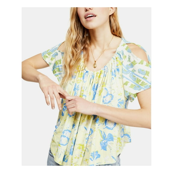 FREE PEOPLE Womens Yellow Cold Shoulder Floral Short Sleeve Scoop Neck Top M