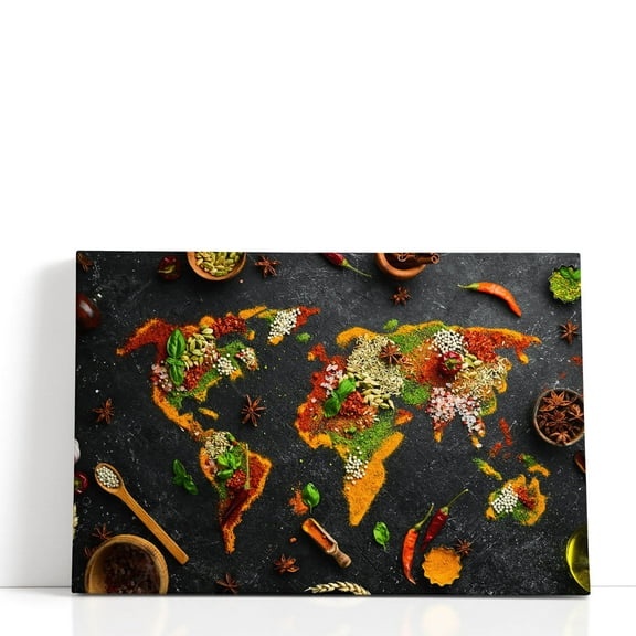Set of Herbs and Spices as World Map, Kitchen Decor, Restaurant Art - Wrapped Canvas Print Wall Art | 18" W x 12" H