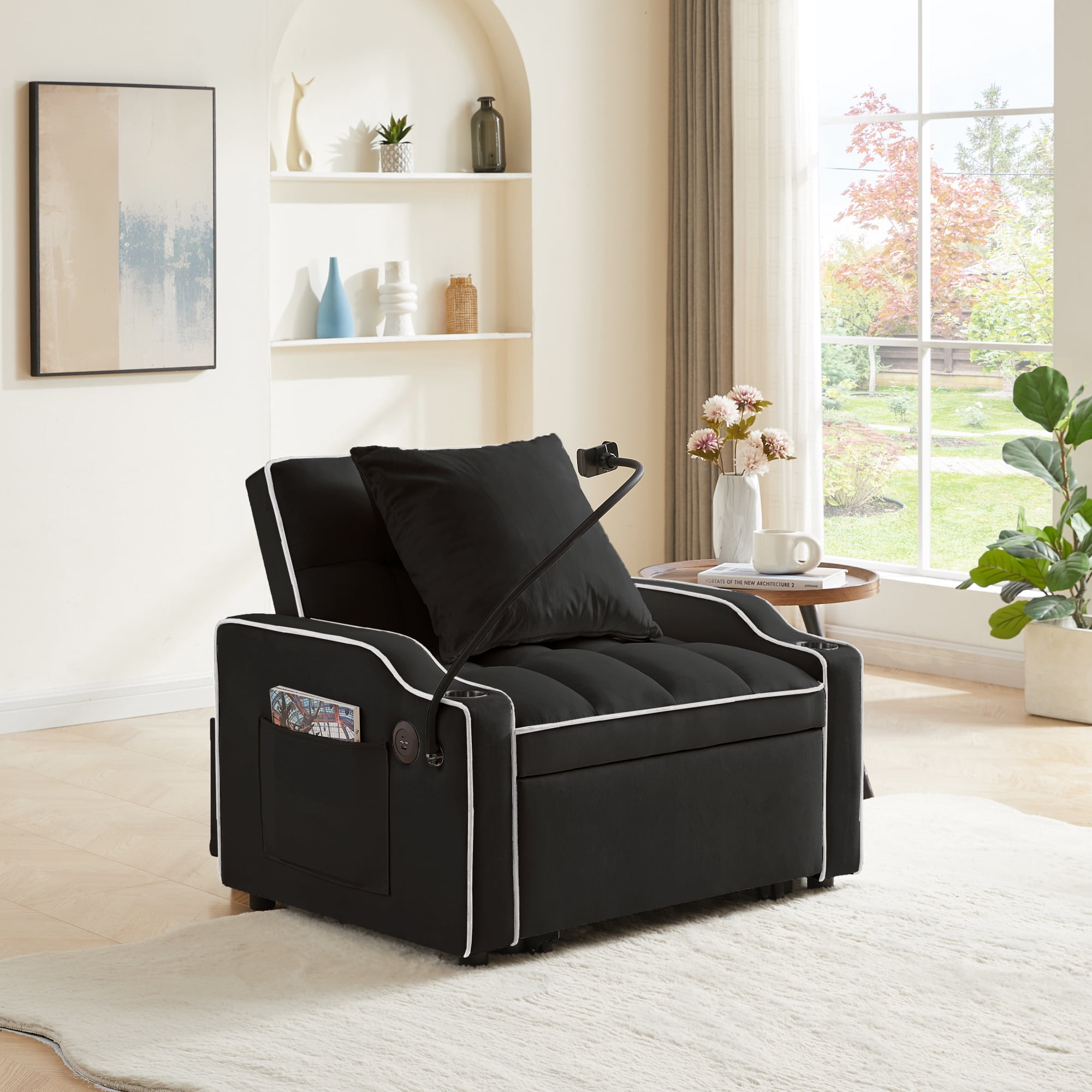 Jopath Convertible Sleeper Sofa Chair Bed,3 in 1 Velvet Single Sofa with Phone Holder & Cupholders,Pull Out Couch Recliner with Adjustable Backrest for Living Room, Office, Small Place,Black