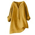 thumbnail image 2 of Pincandy Women's V-Neck Long Sleeve Loose Button Cotton and Linen Tunic Shirts Summer Shirts Blouse,Yellow,L, 2 of 6