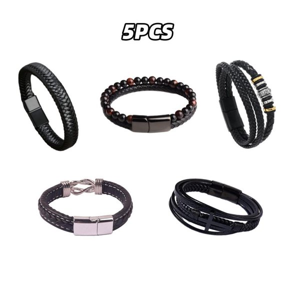 Black Leather Bracelets for Men Women 5pcs Mens Bracelet Leather and Steel Braided Cuff Bracelets