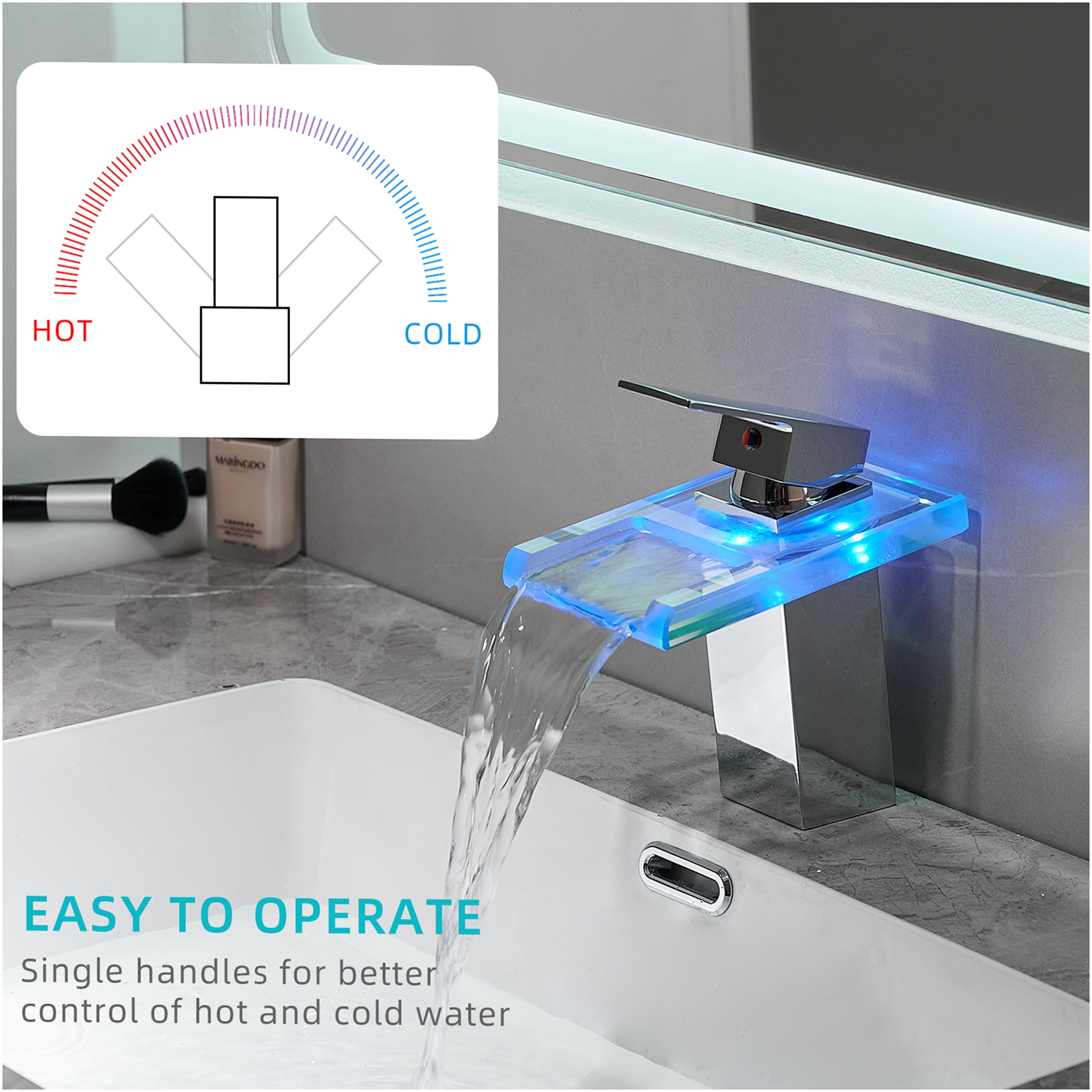 JERFIT Modern Single Hole LED Waterfall Bathroom Sink Faucet, Temperature Sensing Color Changing Light, Deck Mount Brass Vanity Faucet in Chrome