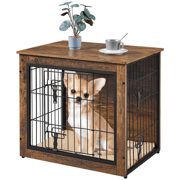 Alden Design 27.5″ W Dog Crate Furniture Small Rustic Industrial Wooden Dog Kennel