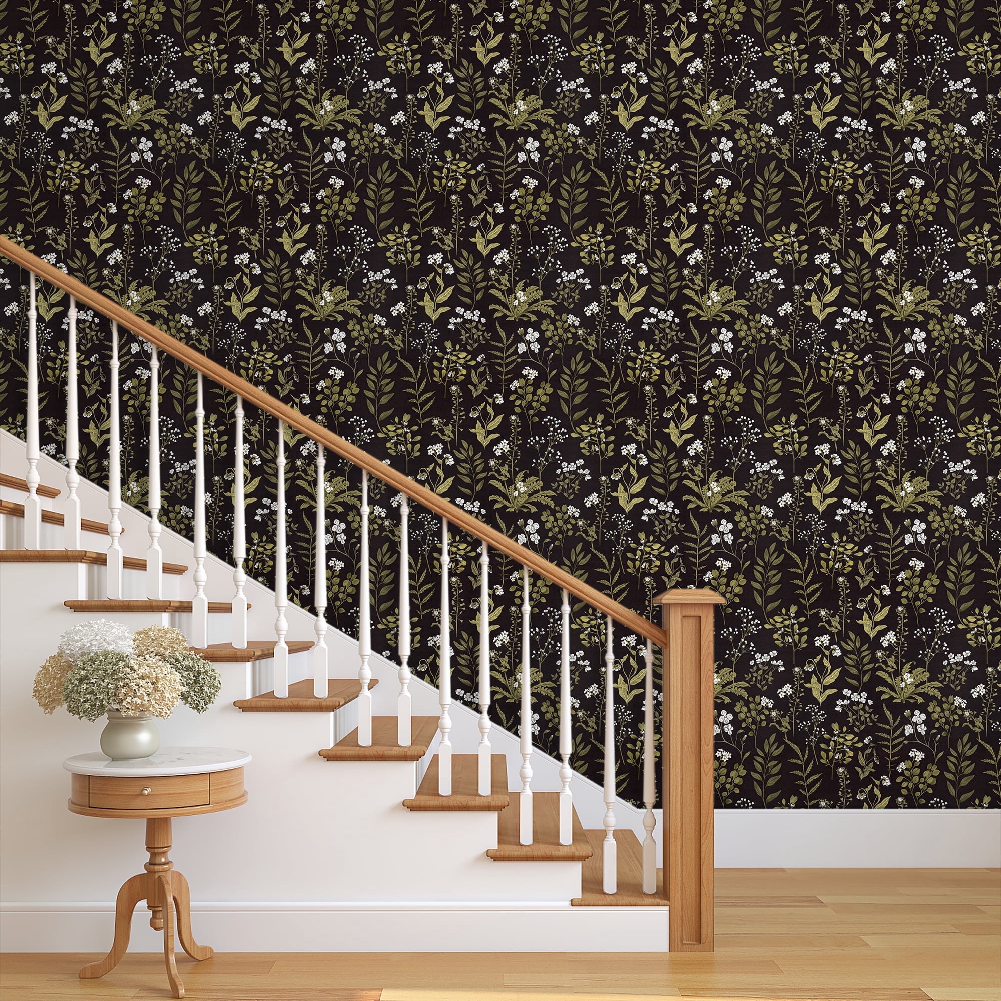 UMIGGEE Floral Wallpaper Peel and Stick Floral Black Wallpaper Self Adhesive Green Leaves Floral Contact Paper 17.3-in x 118-in Home Decor Wall Covering Old Furniture Renovation