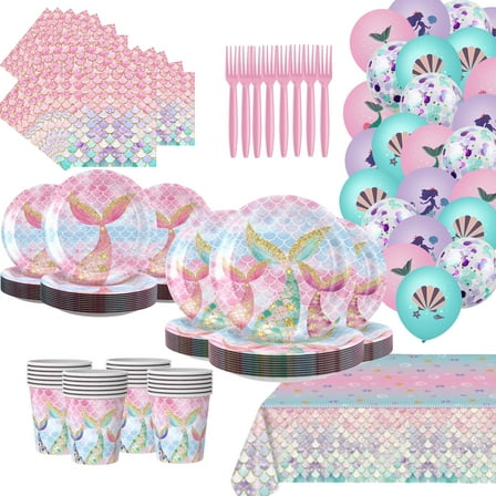 146Pcs Mermaid Plates and Napkins Party Supplies, Birthday Plates and Napkins, Pink Paper Plates, Pink Mermaid Party Decorations, Girls Birthday Party Decorations,Serves 25