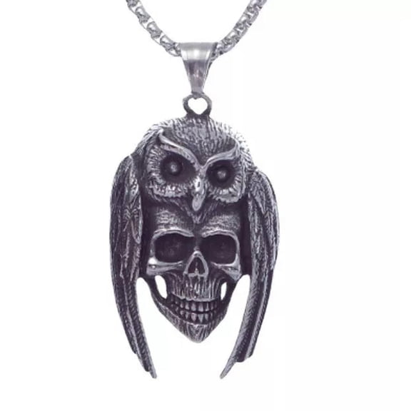 K-KED Mens Stainless Steel Indian Biker Owl Skull Pendant Necklace