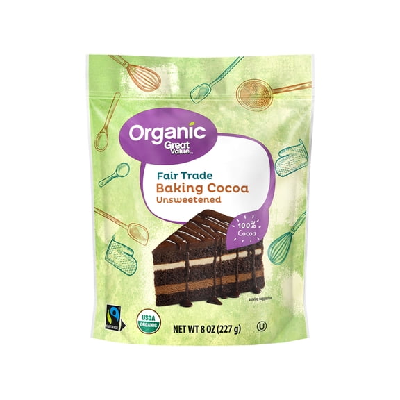 Great Value Organic Fair Trade Unsweetened Baking Cocoa, 8 oz (227g) – 100% Cocoa, Allergen-Free