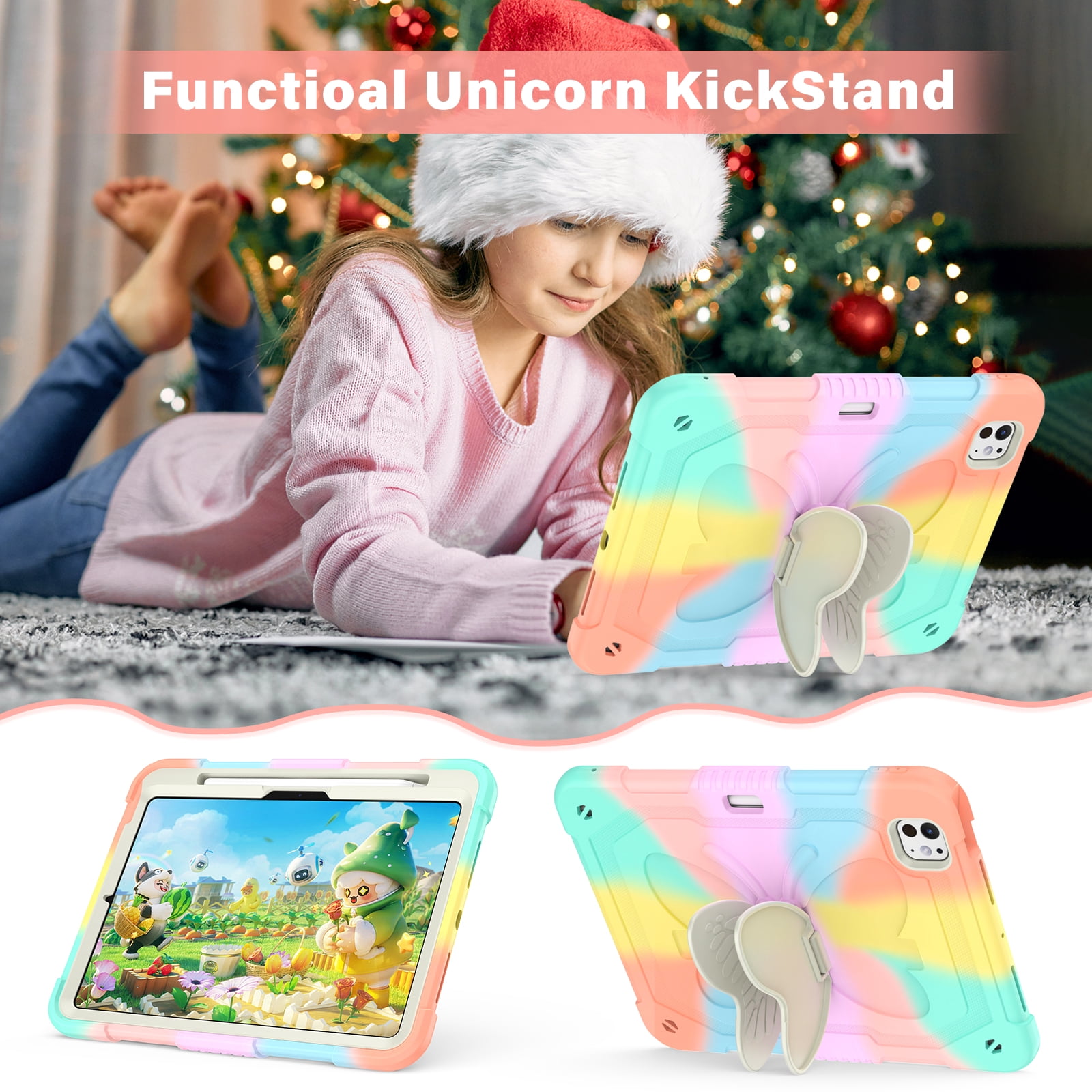 Allytechgroup iPad Pro 11 M4 2024 Case, Cute Butterfly Design Heavy Duty Shockproof Shoulder Strap Pencil Holder Kickstand Bumper Kids Friendly Rugged Case for Apple iPad Pro 11" 2024,Colorful
