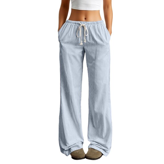Womens Pants Casual Wide Leg Pants High Waist Flowy Trousers Elastic Waistband Everyday Relaxation Solid Blue L