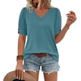 thumbnail image 4 of BOMYJESK Women's Shirt Short Sleeve Button V Neck Casual Work Shirts Spring Fashion Vacation Pullover Basic Blouses Loose Athletic Tees Tops Blue S, 4 of 4
