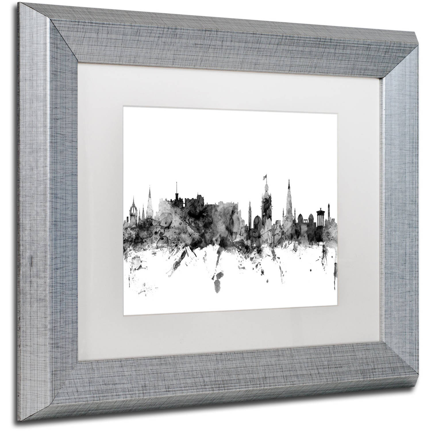 Trademark Fine Art "Edinburgh Scotland Skyline B&W" Canvas Art by Michael Tompsett, White Matte, Silver Frame
