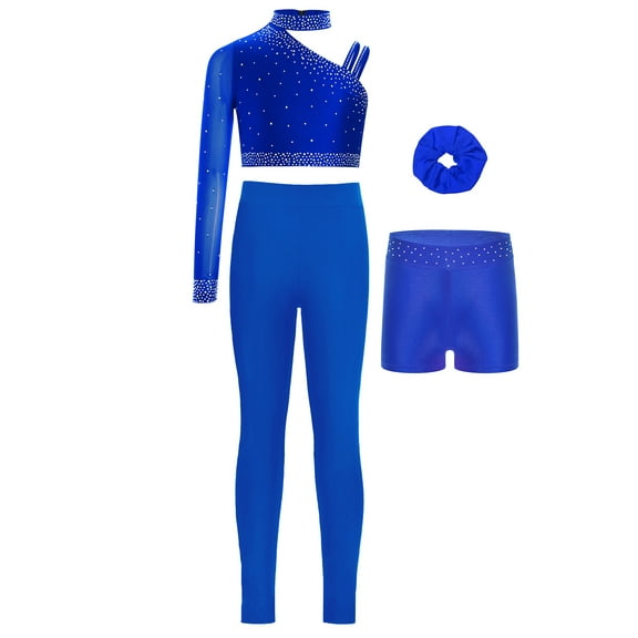Miutii Kids Girls Dance Outfits 4pcs Crop Top with Shorts Leggings Hairband Set Gymnastics Yoga Workout Activewear Blue 12