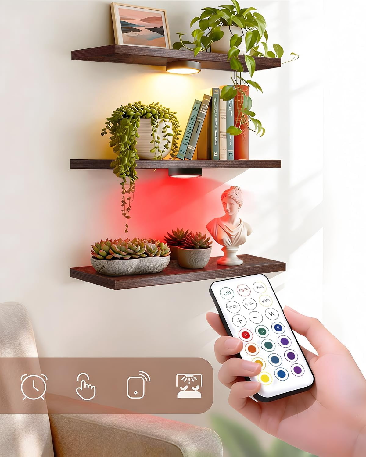 Floating Wall Shelves Set of 3 with Rechargeable Picture Lights, Wood Plant Display Shelves and Remote Control LED Lighting for Indoor Plants