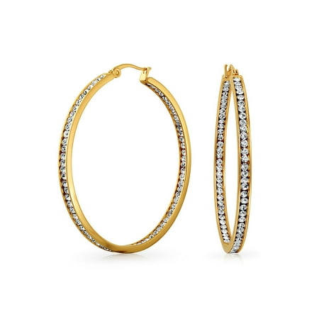 14k Stainless Steel Earrings - Round Channel Set CZ Inside Out Large Hoop Earrings For Women 14K Gold Plated Stainless Steel 2 In Dia