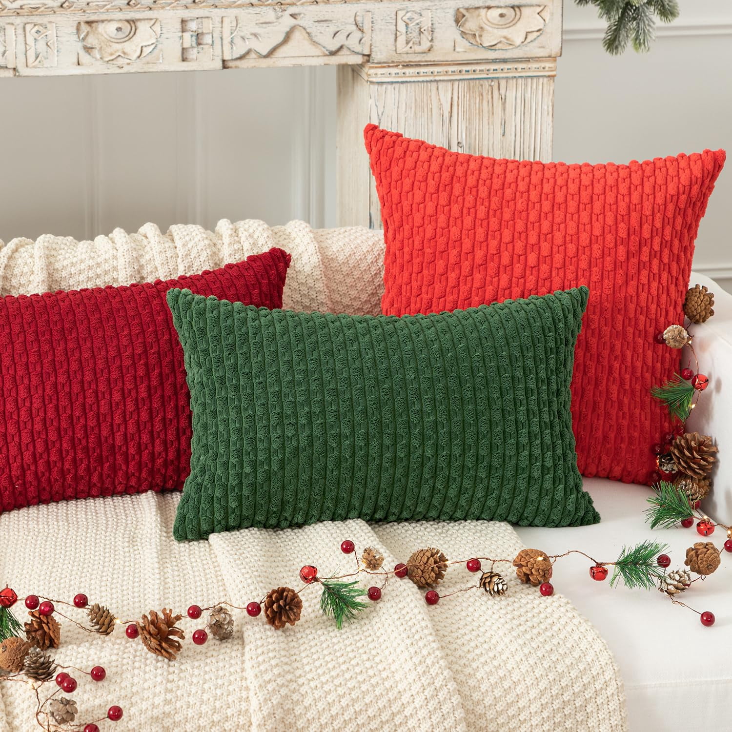 Holzlrgus Throw Pillow Covers 12x20 inch Soft Striped Decorative Cushion Cases with Hidden Zipper for Couch Sofa Bed, 2 Pieces, Dark Green